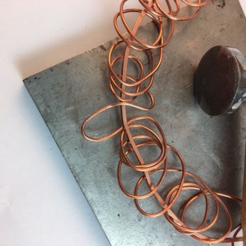 Karen Meador, Ph.D.'s Hammered Chaos Necklace - , Contemporary Wire Jewelry, Coiling, Coiling Wire, Wire Coiling, Crocheting, Loops, Wire Loop, Wrapped Wire Loop, Spirals, Wire Spiral, Spiral Wire Wrap, Spread the loops to cover the full length